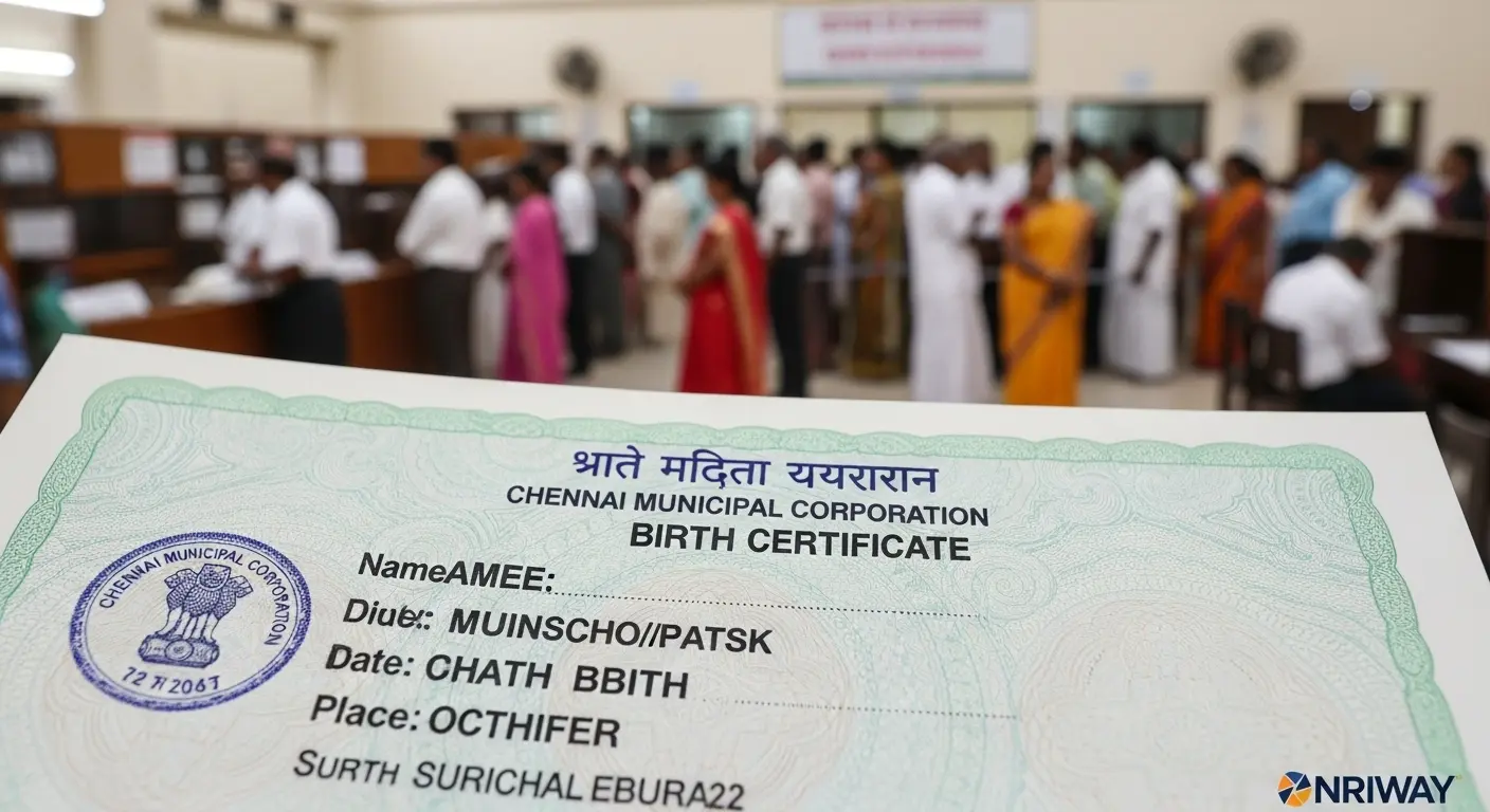 Hand holding a Chennai birth certificate inside a crowded municipal office, with NRIWAY logo in the corner.
