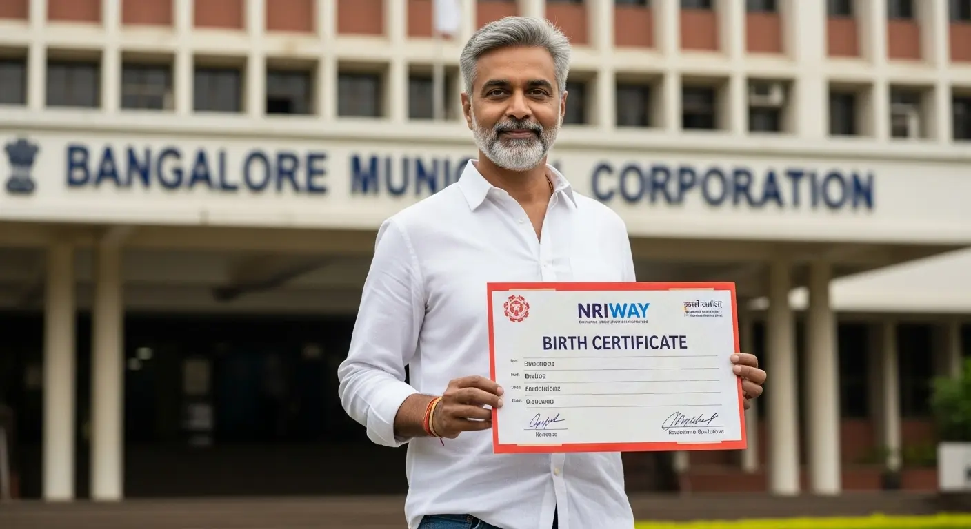 Man holding a birth certificate from NRIWAY outside the Bangalore Municipal Corporation building, representing trusted NRI birth registration services. 