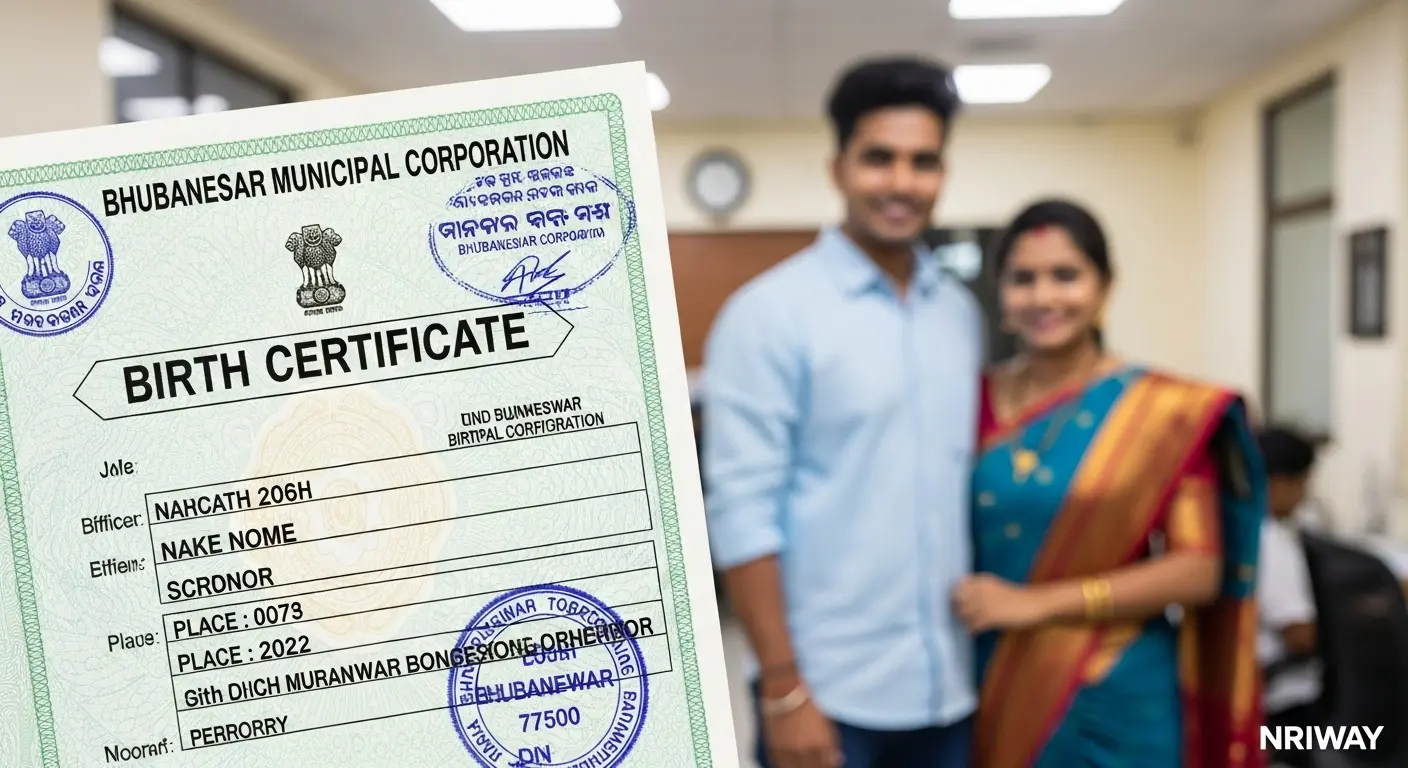 Bhubaneswar birth certificate held in focus with a happy couple in traditional attire blurred in the background, NRIWAY logo visible.