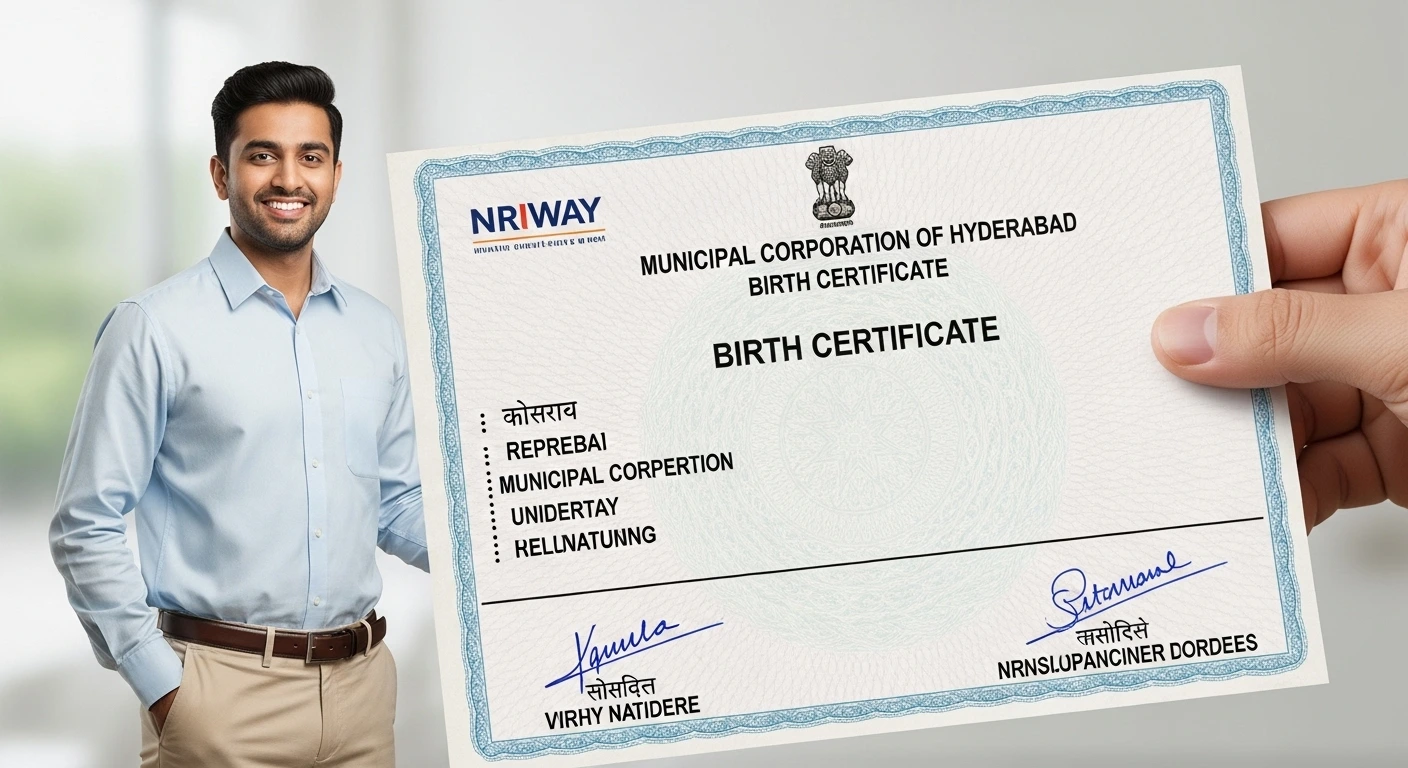 Smiling man standing next to a Hyderabad Municipal birth certificate held in hand, with NRIWAY branding, symbolizing trusted document services.