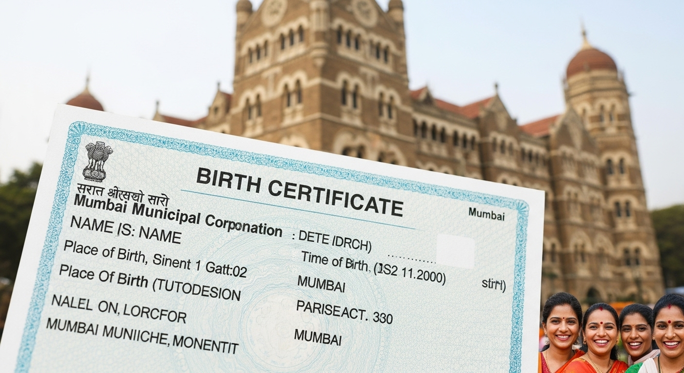 Sample birth certificate held in front of Mumbai Municipal Corporation building with smiling women in traditional attire.
