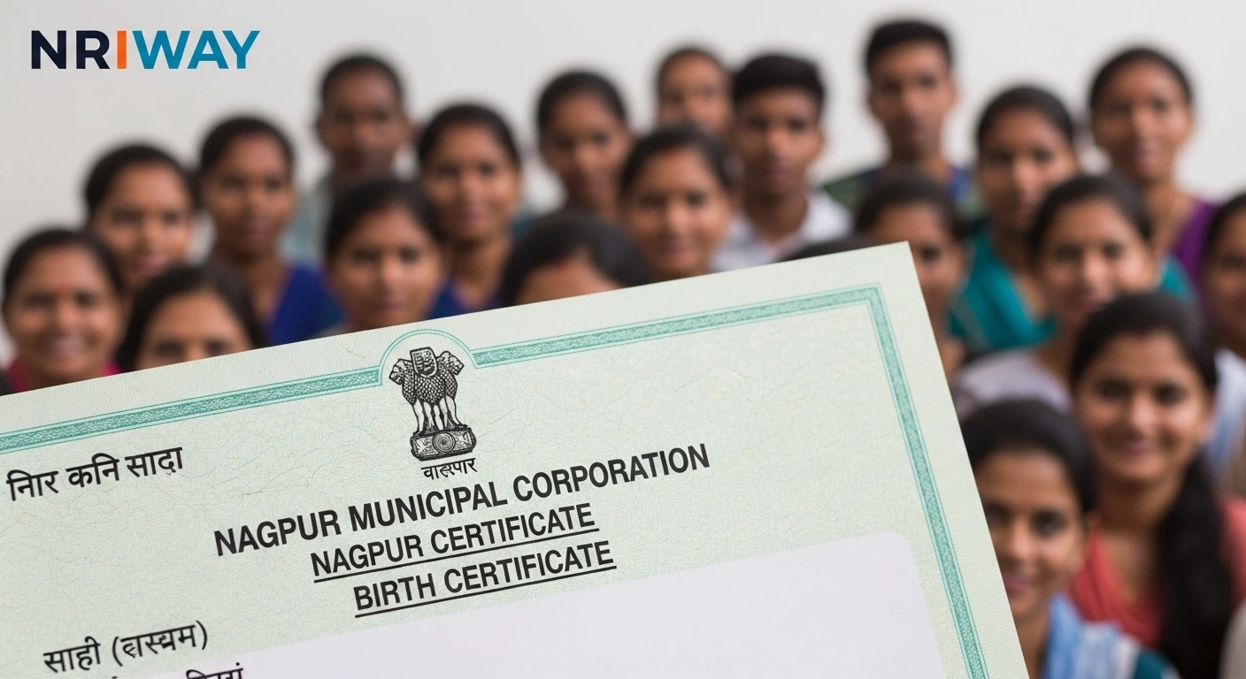 Nagpur birth certificate held in front of a group of smiling people, with NRIWAY logo at the top-left corner. 