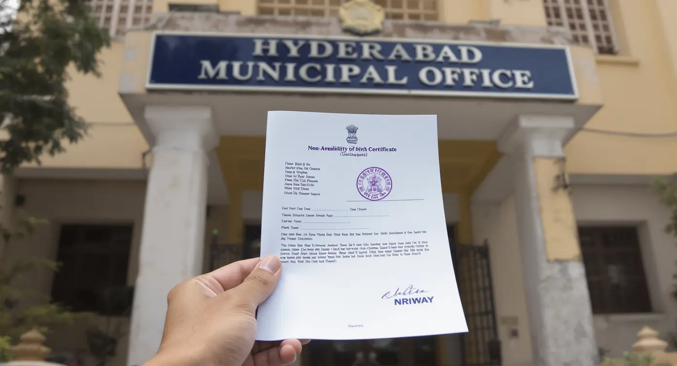 Person holding Non-Availability of Birth Certificate (NABC) with government stamp outside Hyderabad Municipal Office, supported by NRIWAY.