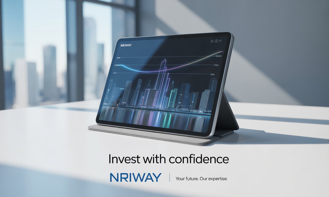 Tablet displaying NRIWAY investment dashboard with a futuristic city graph, placed on a desk in a modern office. Text below reads Invest with confidence – NRIWAY. Your future. Our expertise.