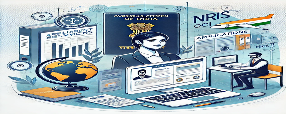Illustration of OCI (Overseas Citizen of India) services showcasing an Indian passport, application forms, a globe, and a laptop with online forms, representing global support for NRIs.